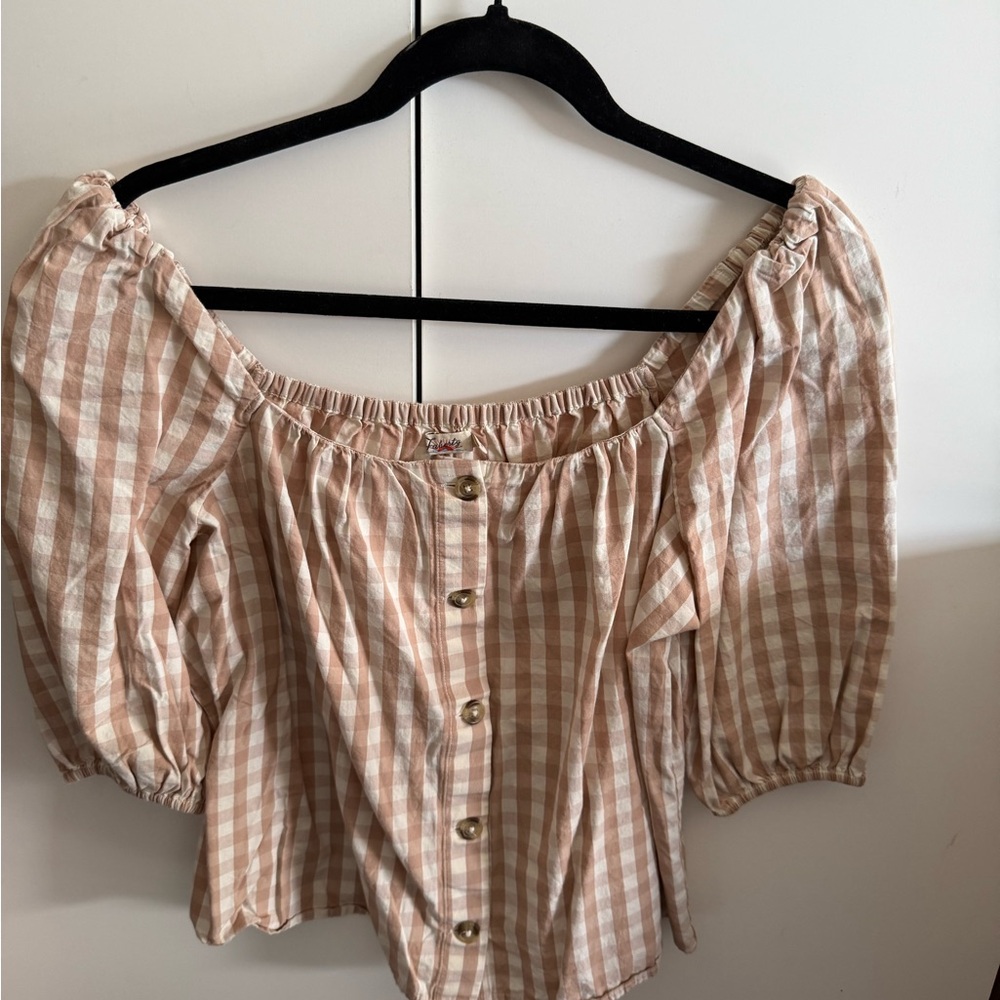 Faherty Checkered Off-Shoulder Blouse - Cream and White